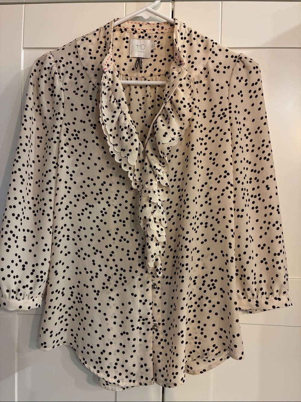 HD in Paris Cream Blouse with Black Polka Dots and Ruffle Front